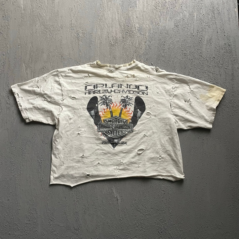 Vintage Harley Davidson T Shirt Womens XL White 90s Distressed Cropped